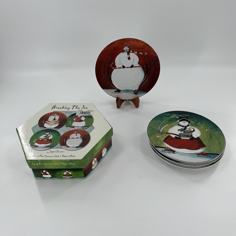Set of 4 Sakura Breaking The Ice Salad / Dessert‎ Plates 8.25" Snowman Winter